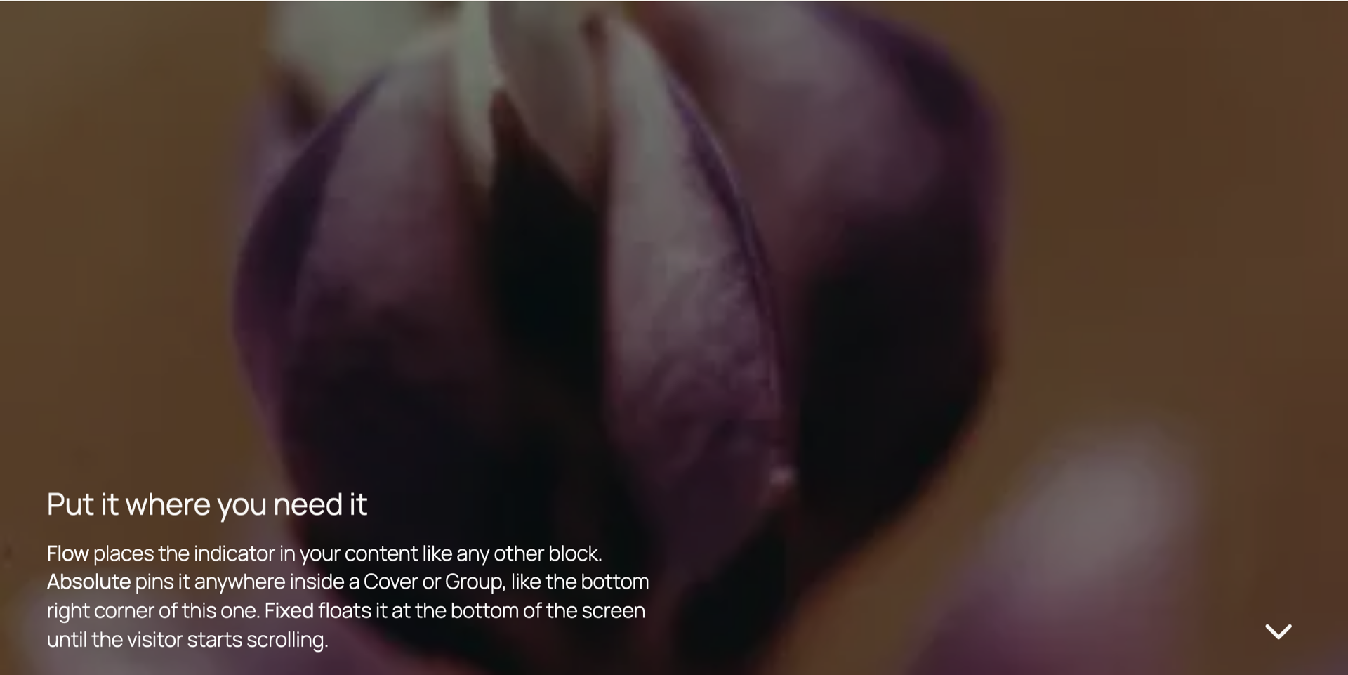 Absolute positioning pins the indicator anywhere inside a Cover or Group.