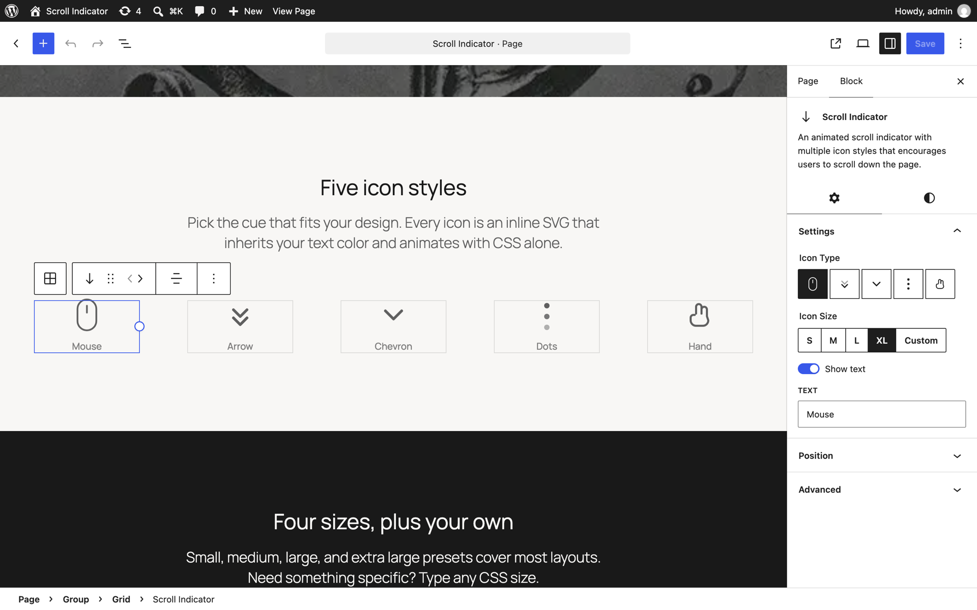 Block settings in the editor sidebar: icon type, size, label, and position.