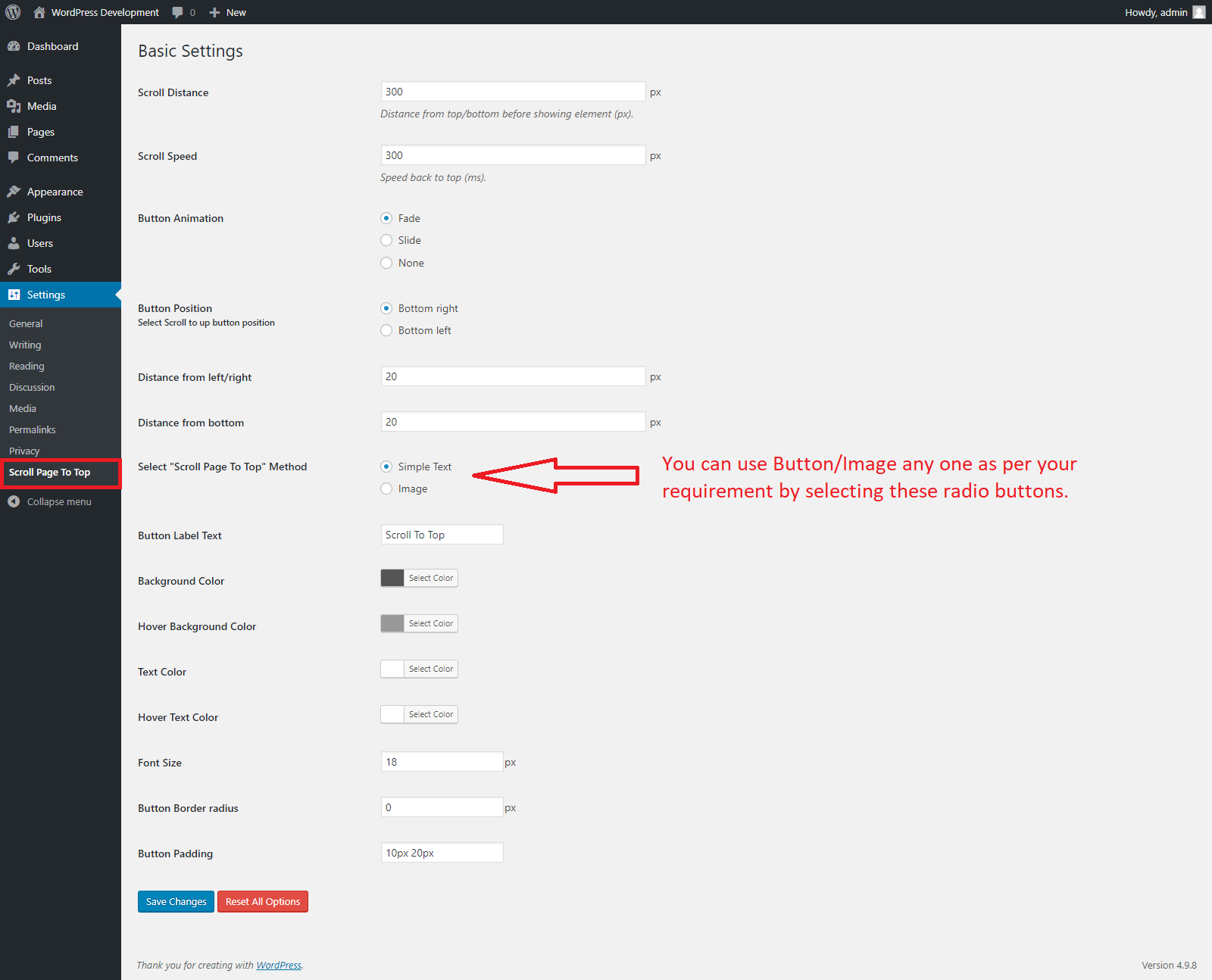 Activate the plugin go to "Scroll Page To Top" menu under WordPress Settings and manage the plugin settings like as above screen.