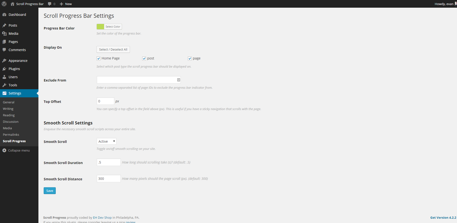 Scroll progress settings page
