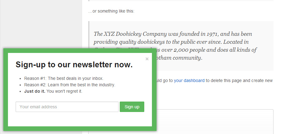 A scroll triggered box with a newsletter sign-up form.
