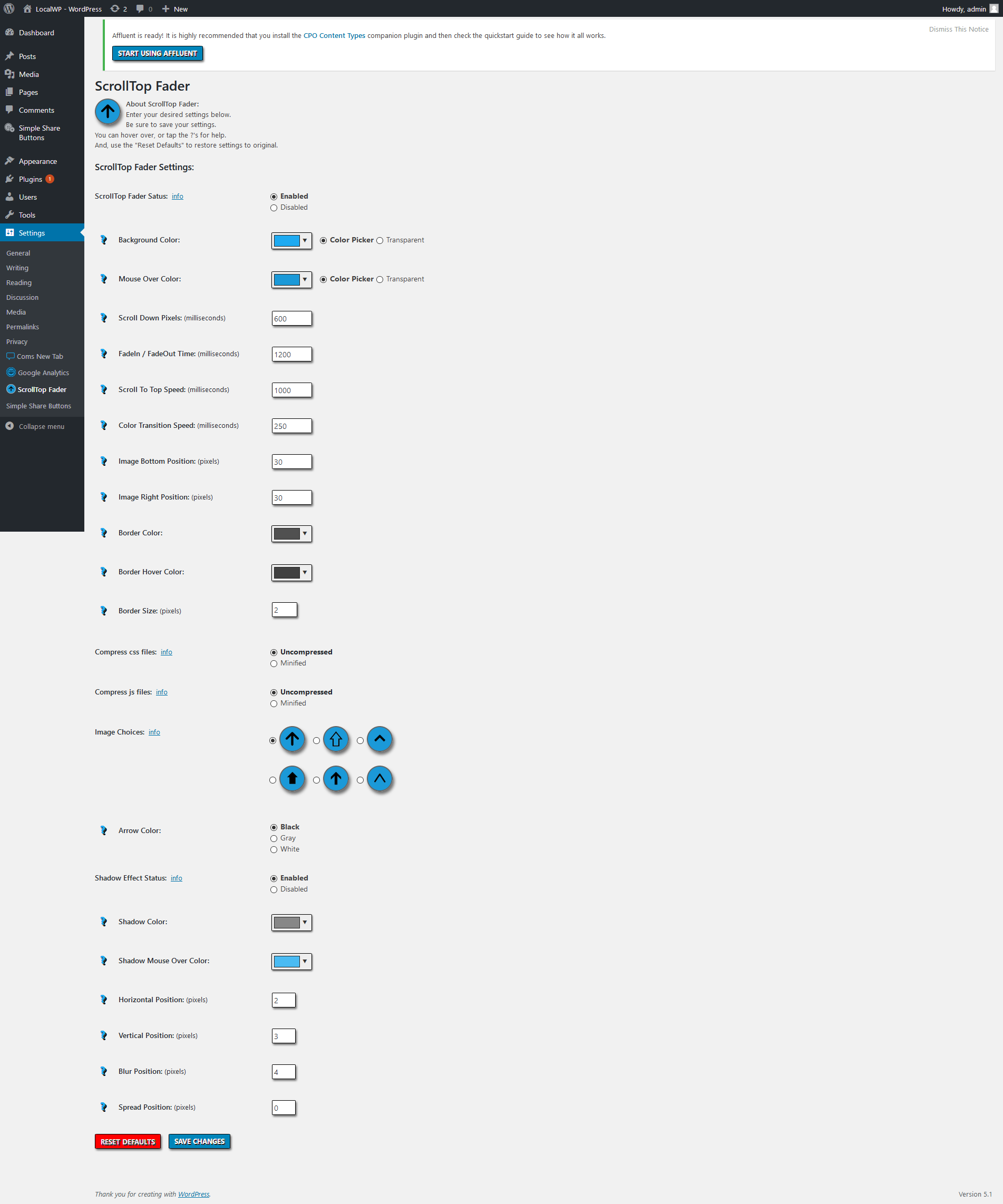 WordPress Admin Dashboard Settings Page