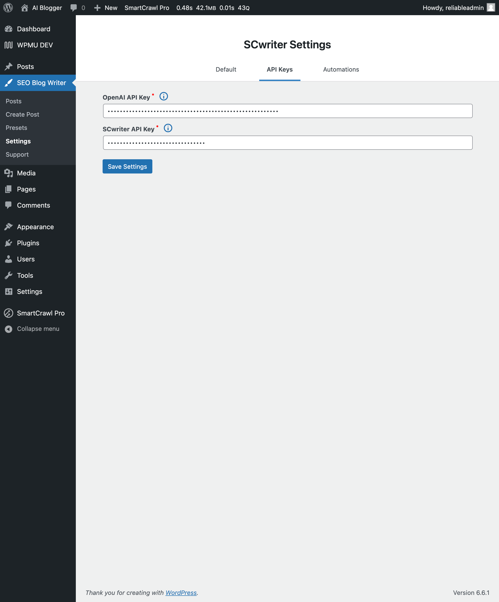 Settings Page: API – Manage and configure API keys.
