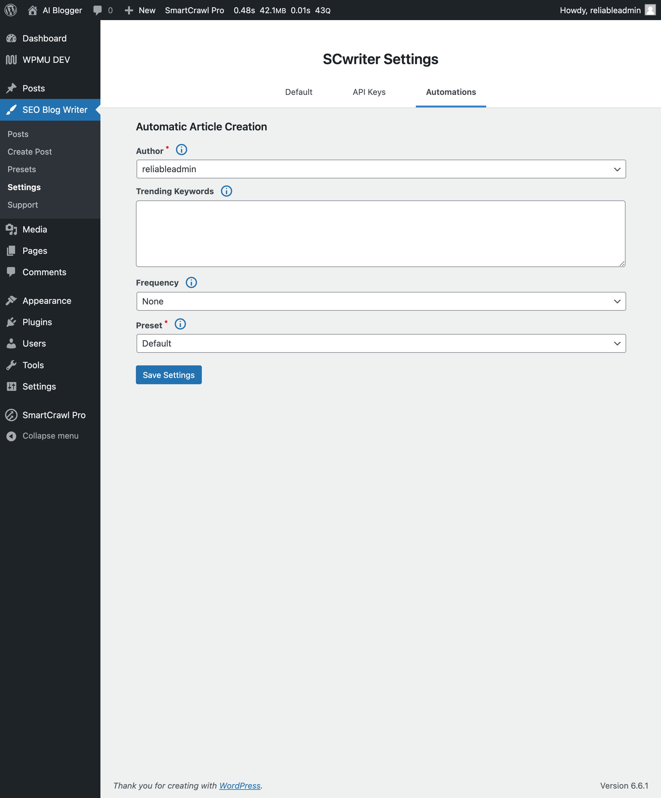 Settings Page: Automations – Set up automated post creation.