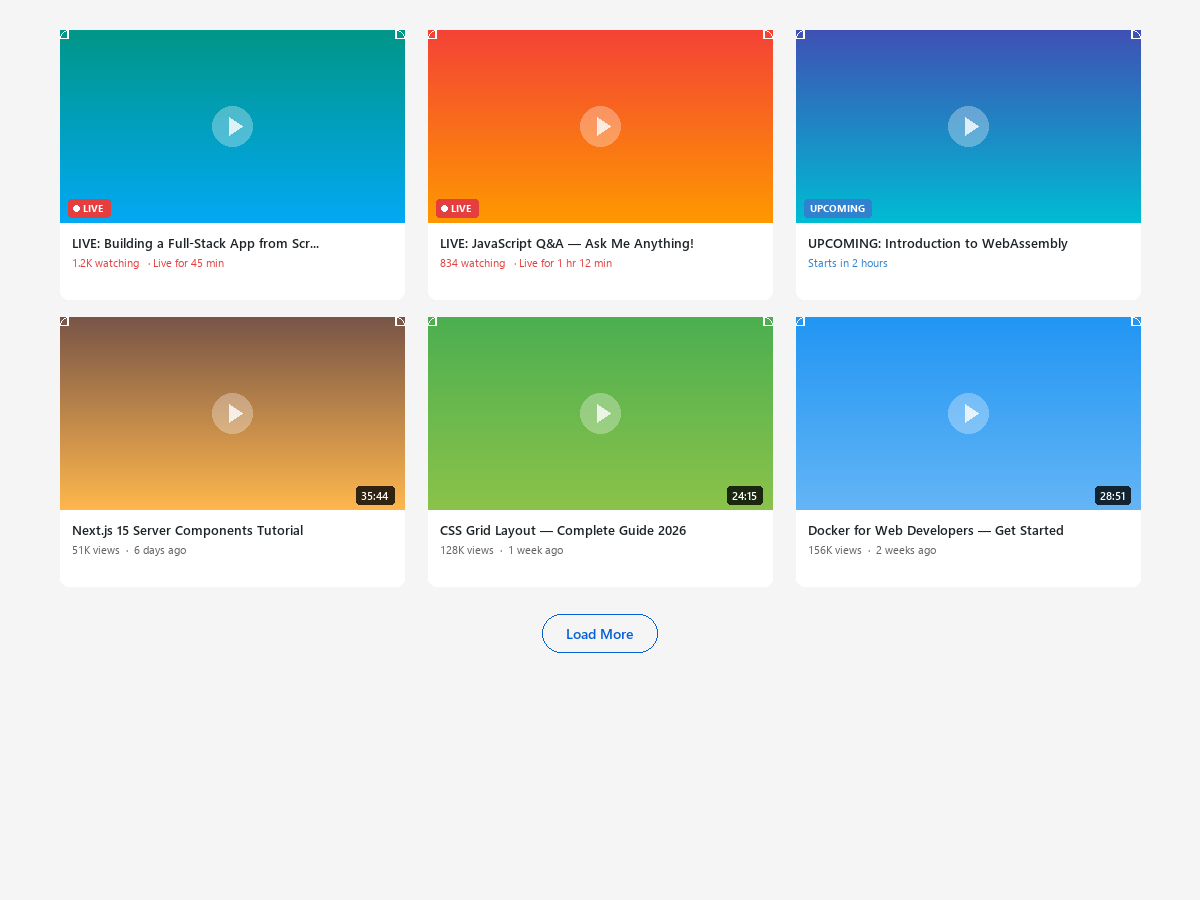 Live and upcoming stream display with badges