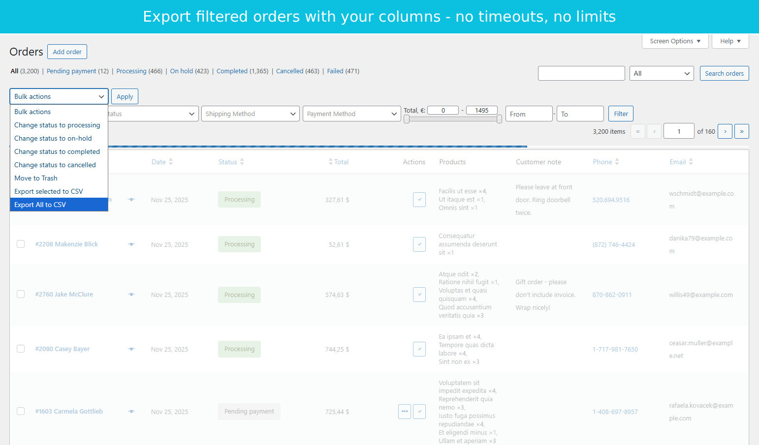 Export filtered orders to CSV via bulk actions - batch processing handles large datasets without timeouts.