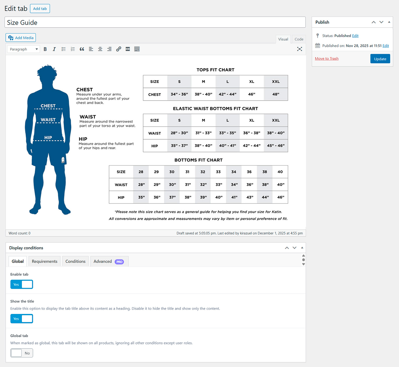 **Add/Edit Tab** – Configure tab title, content, position, and conditions.