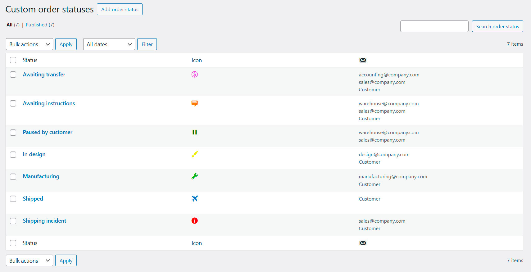 Custom status list in the admin area (statuses can be reordered by drag and drop).