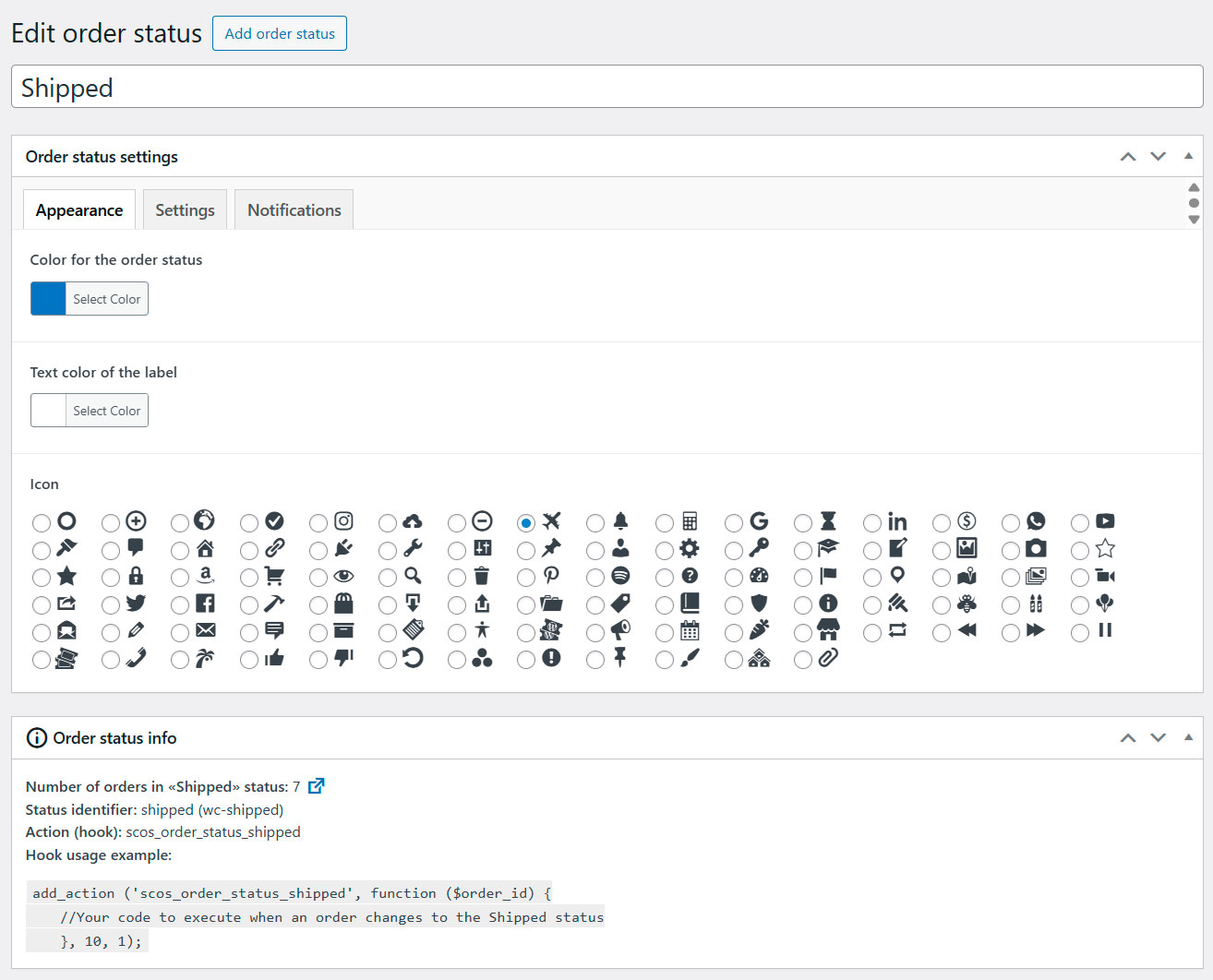 Appearance settings for custom status.