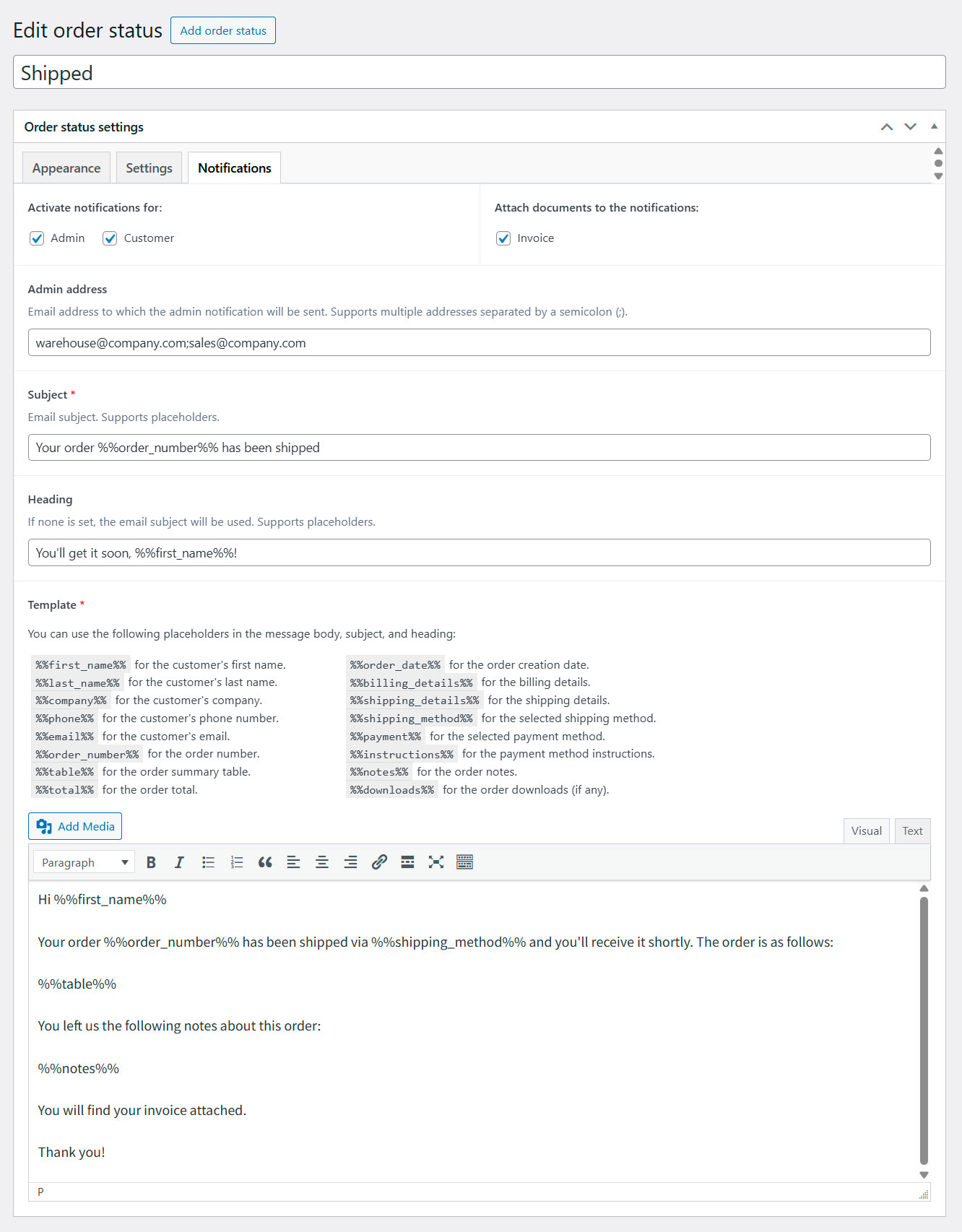 Email notifications automatically triggered when an order enters a custom status.