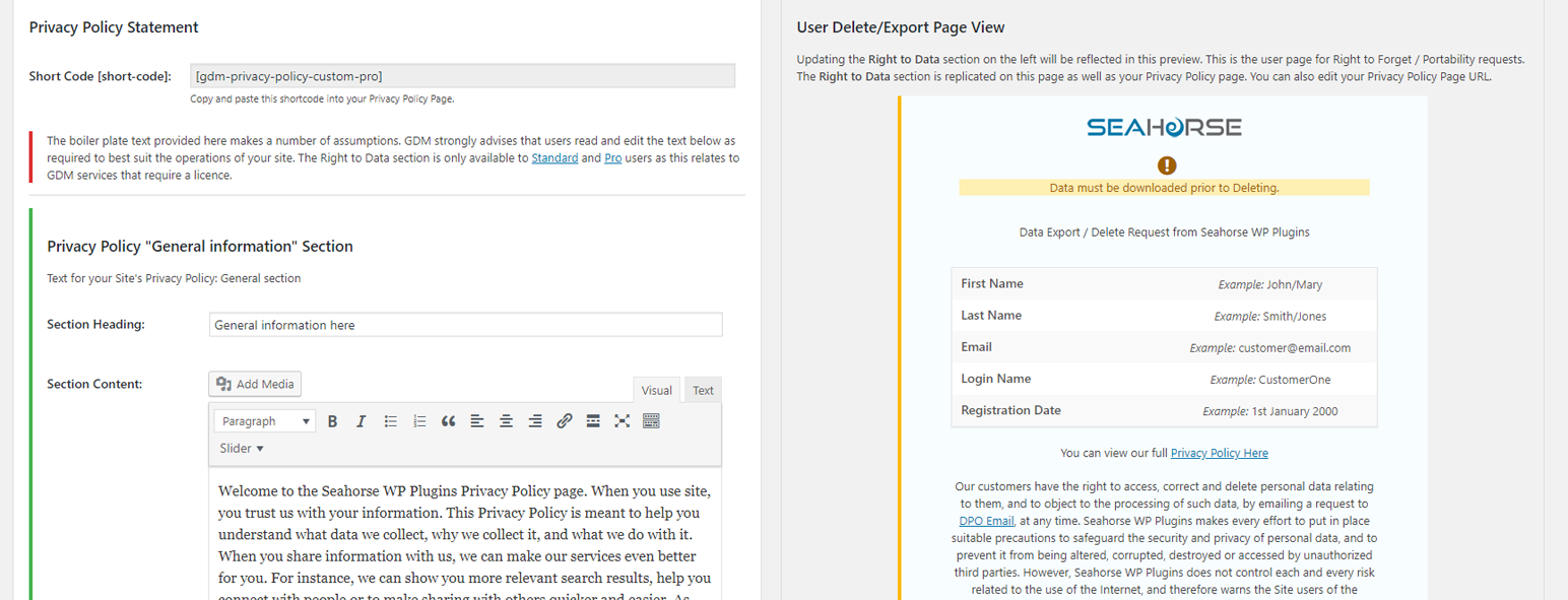 Privacy Policy editor inc user page template view