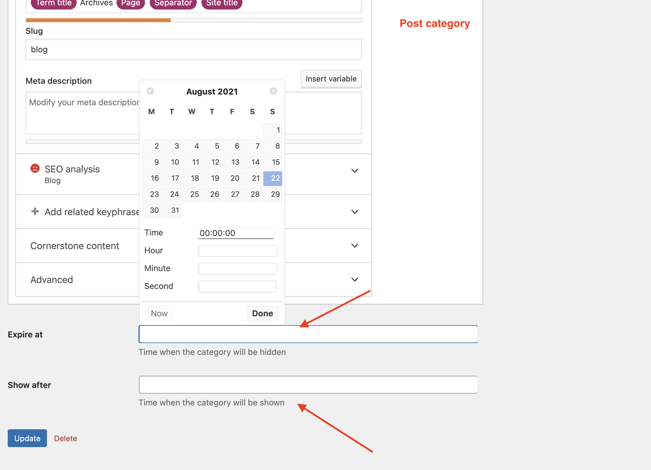 Expire a post category using date selector