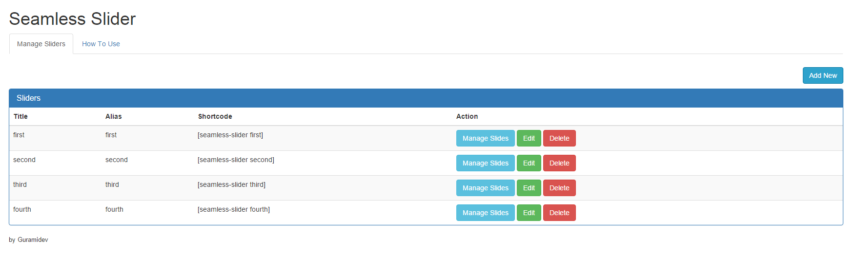 Dashboard section ( here you can manage all existing sliders )