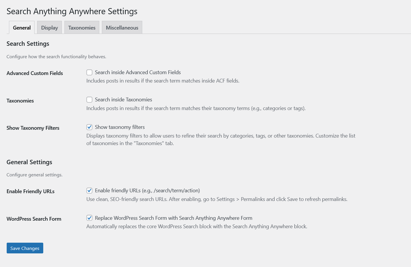 General Tab – Configure core search options, including ACF and taxonomy search.