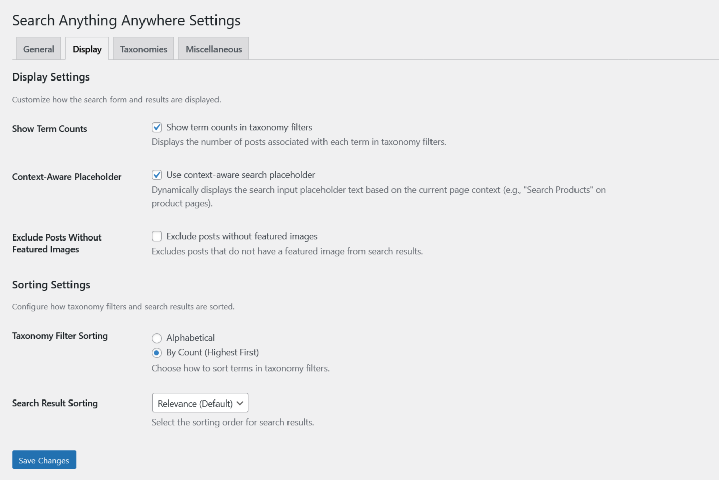 Display Tab – Customize how filters and results appear to users.