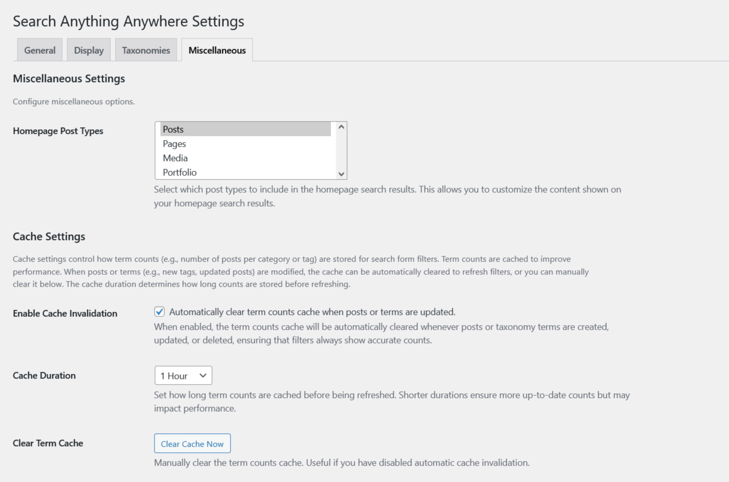 Miscellaneous Tab – Manage caching, and advanced settings.