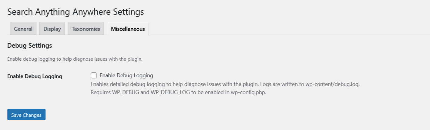 Miscellaneous Tab – Debug logging.