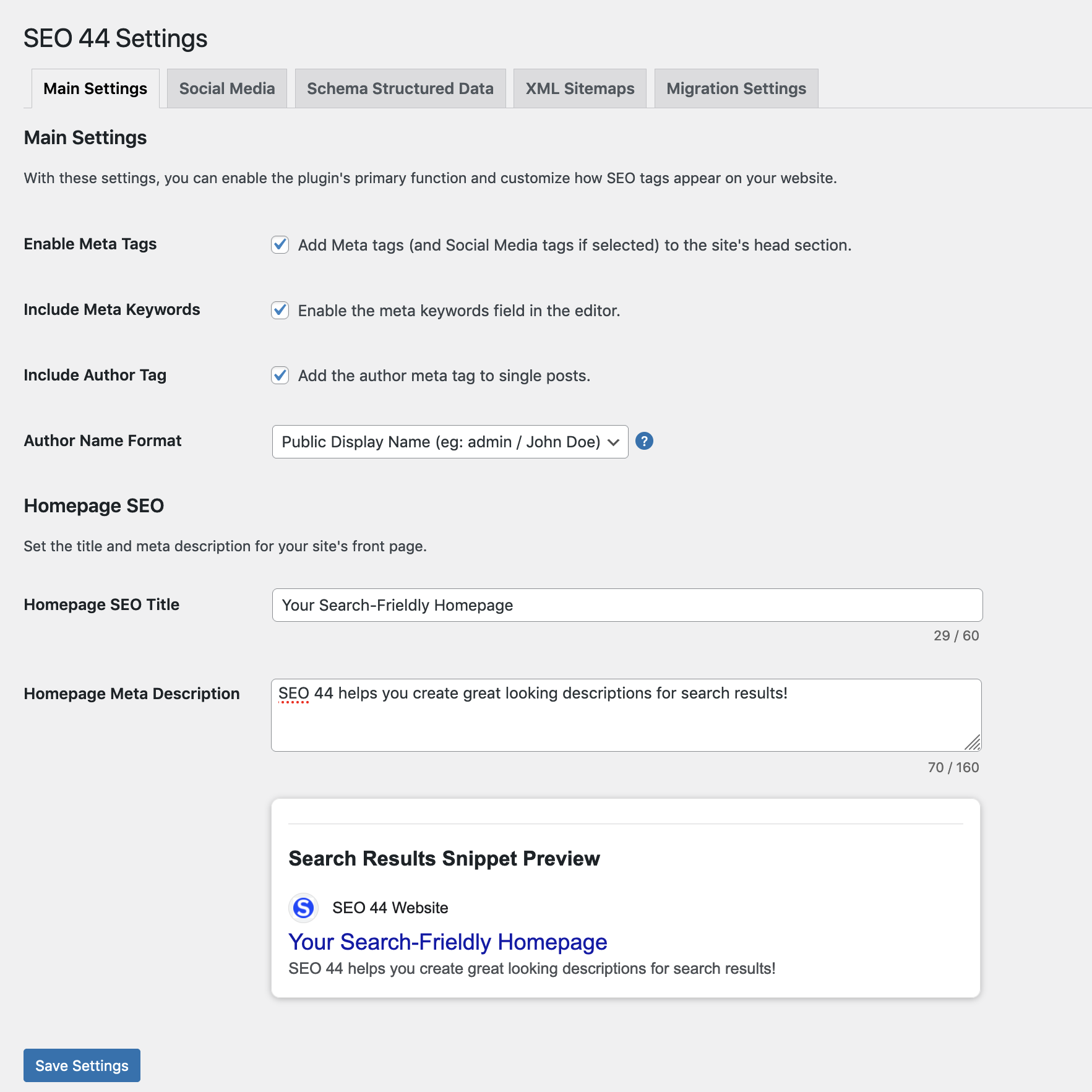The Migration settings tab.