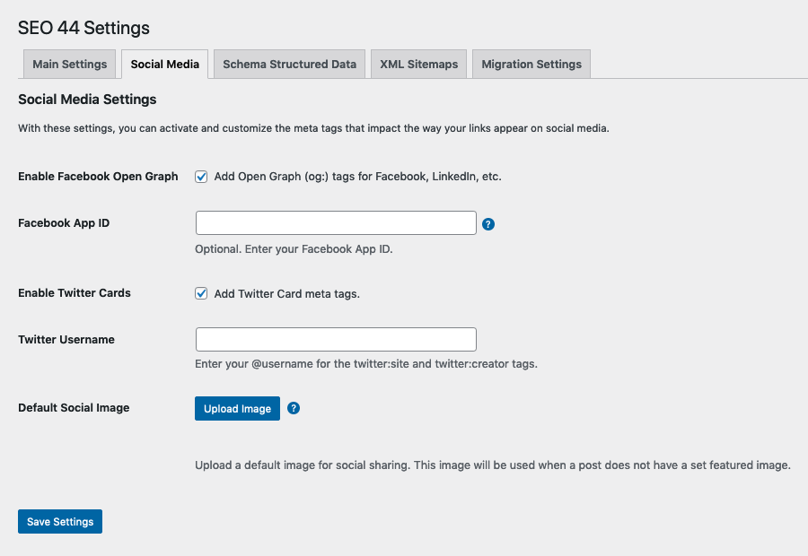The SEO Meta Keys Scanner, showing the scan on a website with no previous SEO keys,  on the Migration Settings tab.