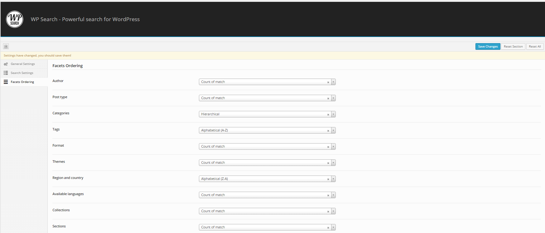 Configuration page (Facets Ordering)
