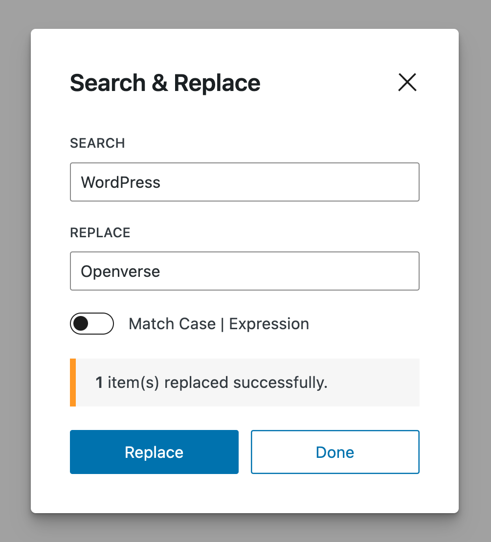 Search & Replace for Block Editor modal - Search and Replace text in the Block Editor.