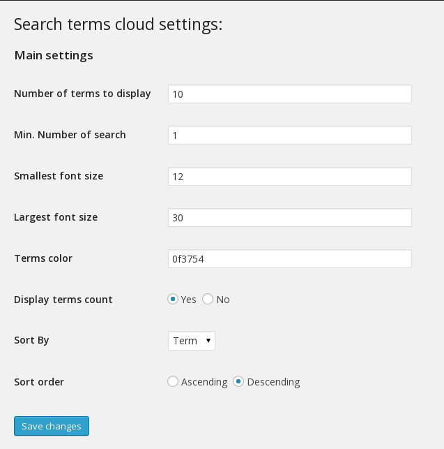 Plugin settings page where yo can costumize the plugin (Number of terms to display, the minimum number of search a term must have to be displayed, etc..).