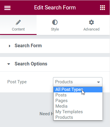 Select the post type to be selected when searching with this form.