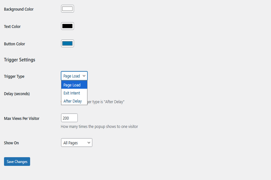 Trigger settings - Page load, exit intent, or delay options
