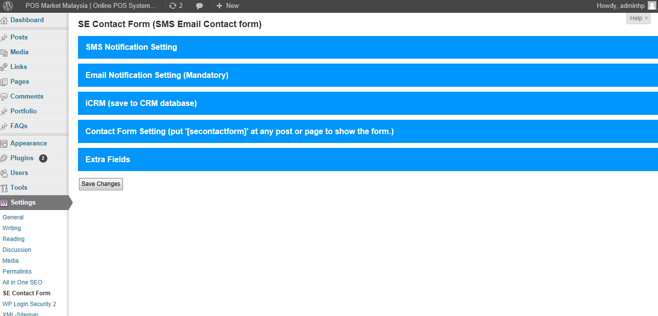 New layout with SMS setting, Email Setting, CRM database setting, Main Form setting and extra fields.