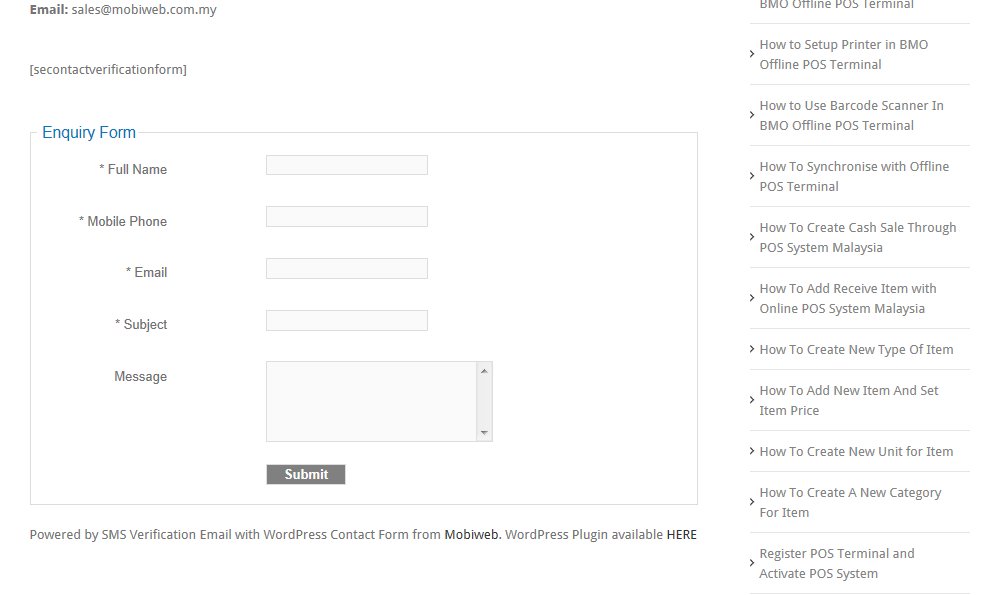 SE Contact form in web site.