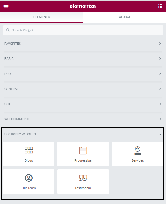 Elementor Page builder category for sectionly widgets.