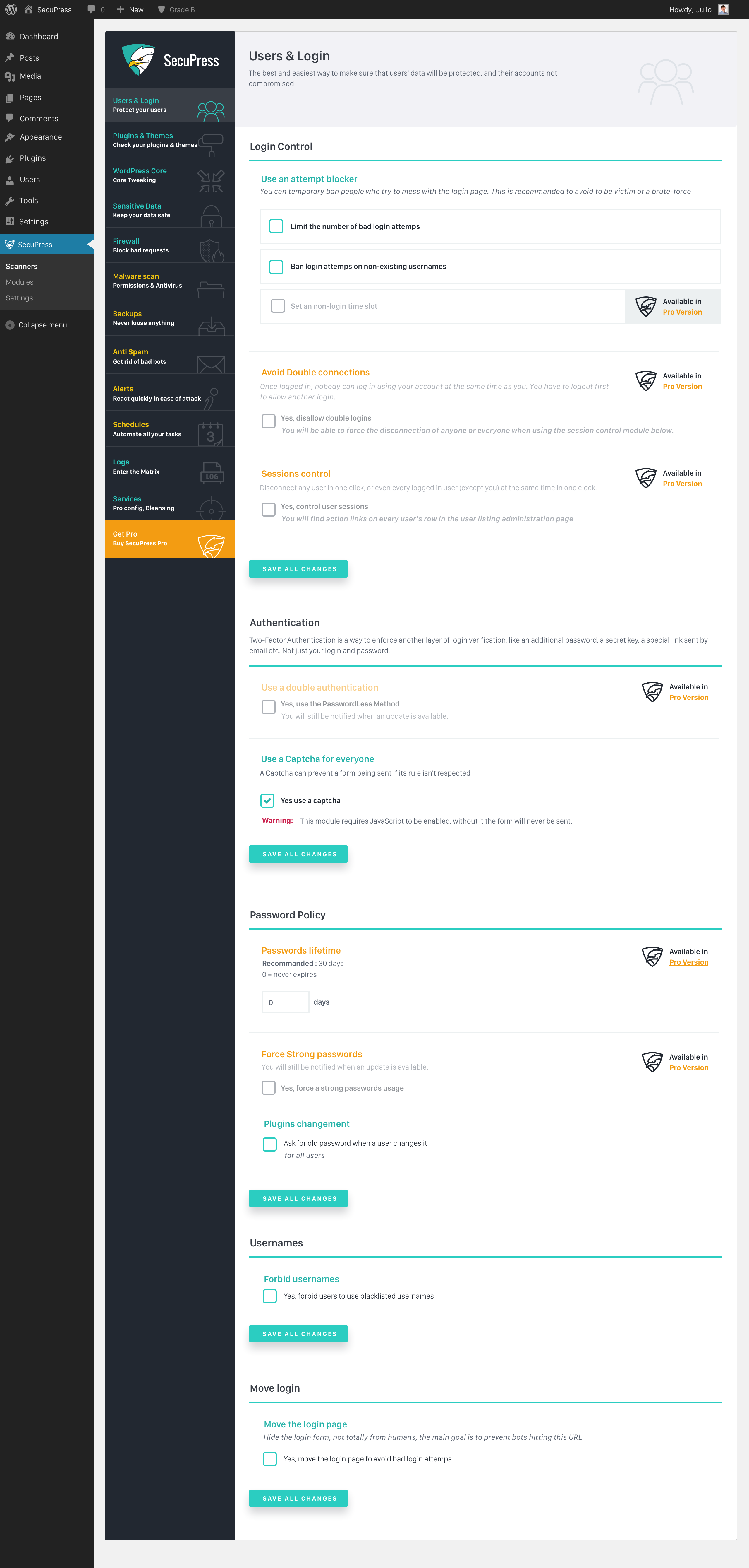 A module page (here is Users & Login)