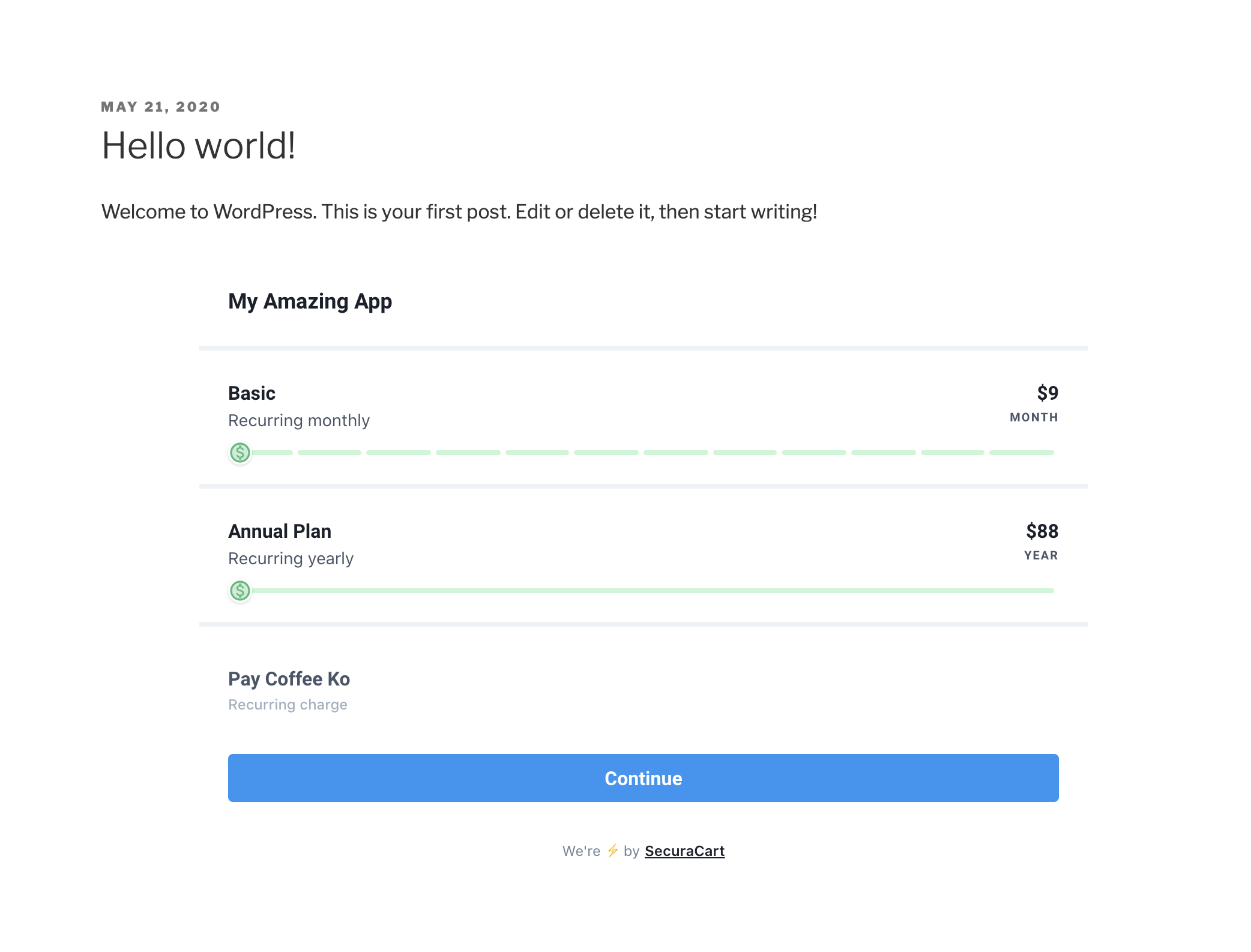This is how the payment form looks when embedded.