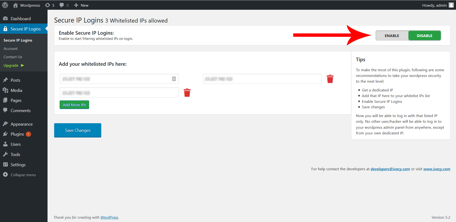 Enable/Disable plugin from toggle.
