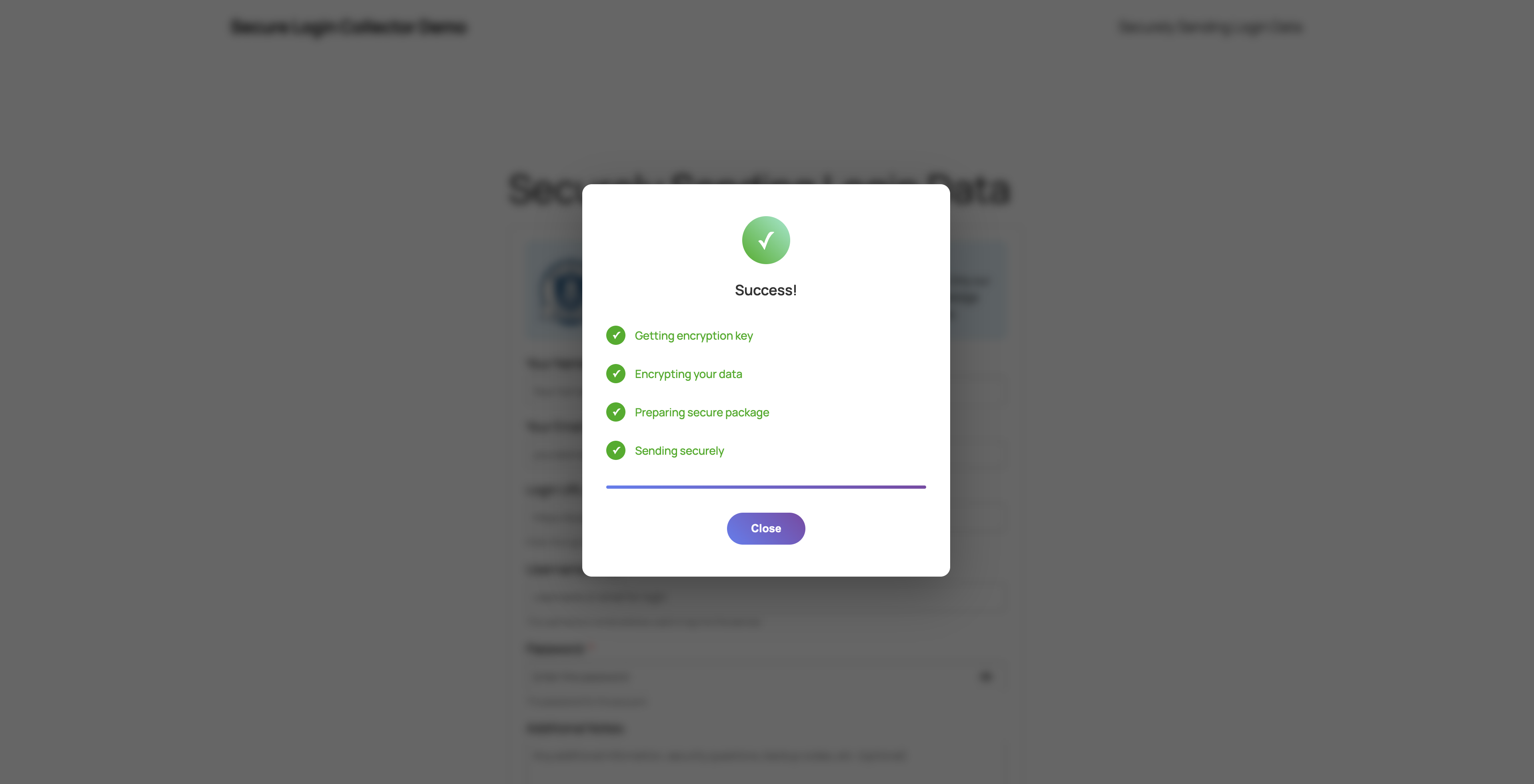 Confirmation message that the login data was securely transmitted