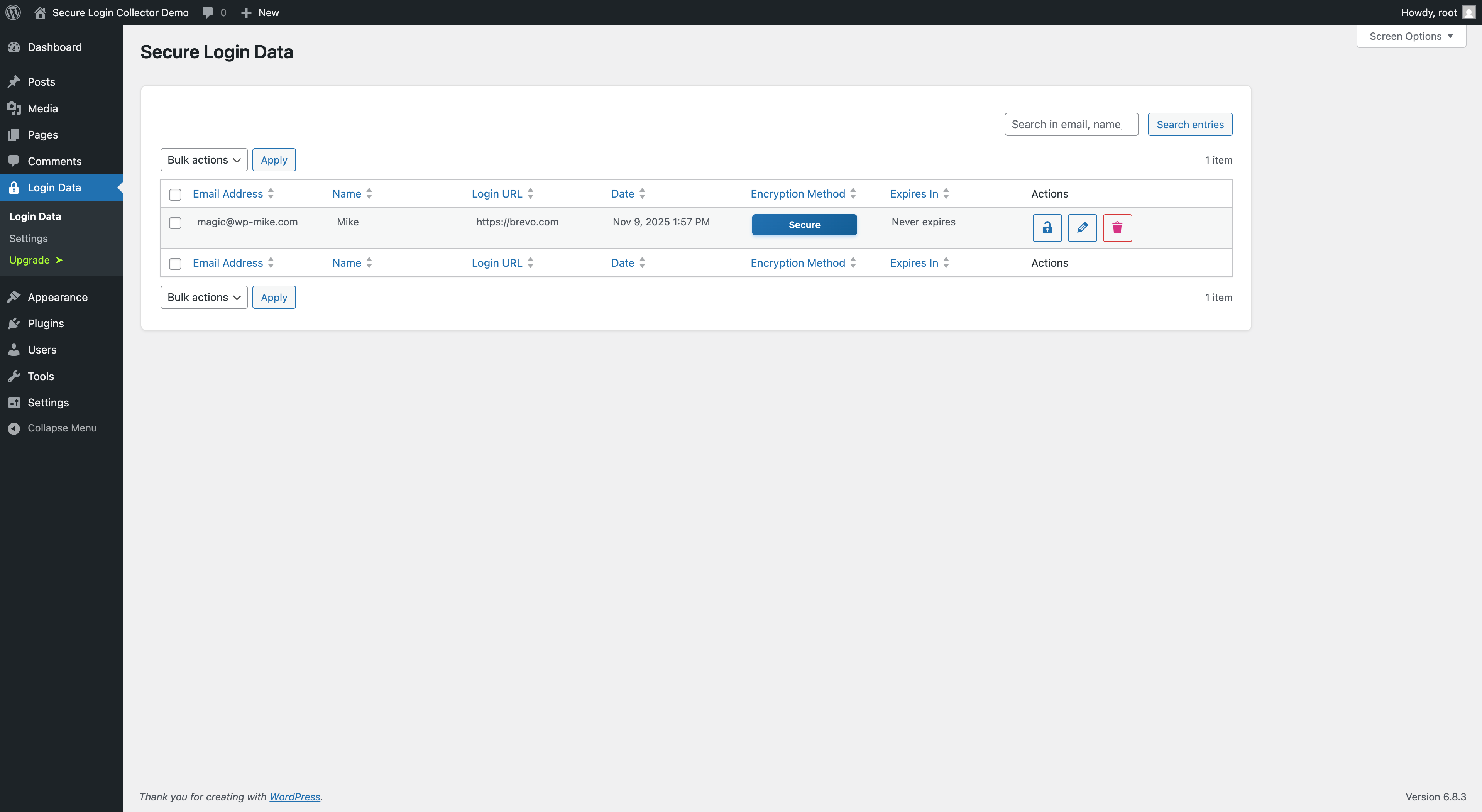All submitted login data listed in your WordPress backend
