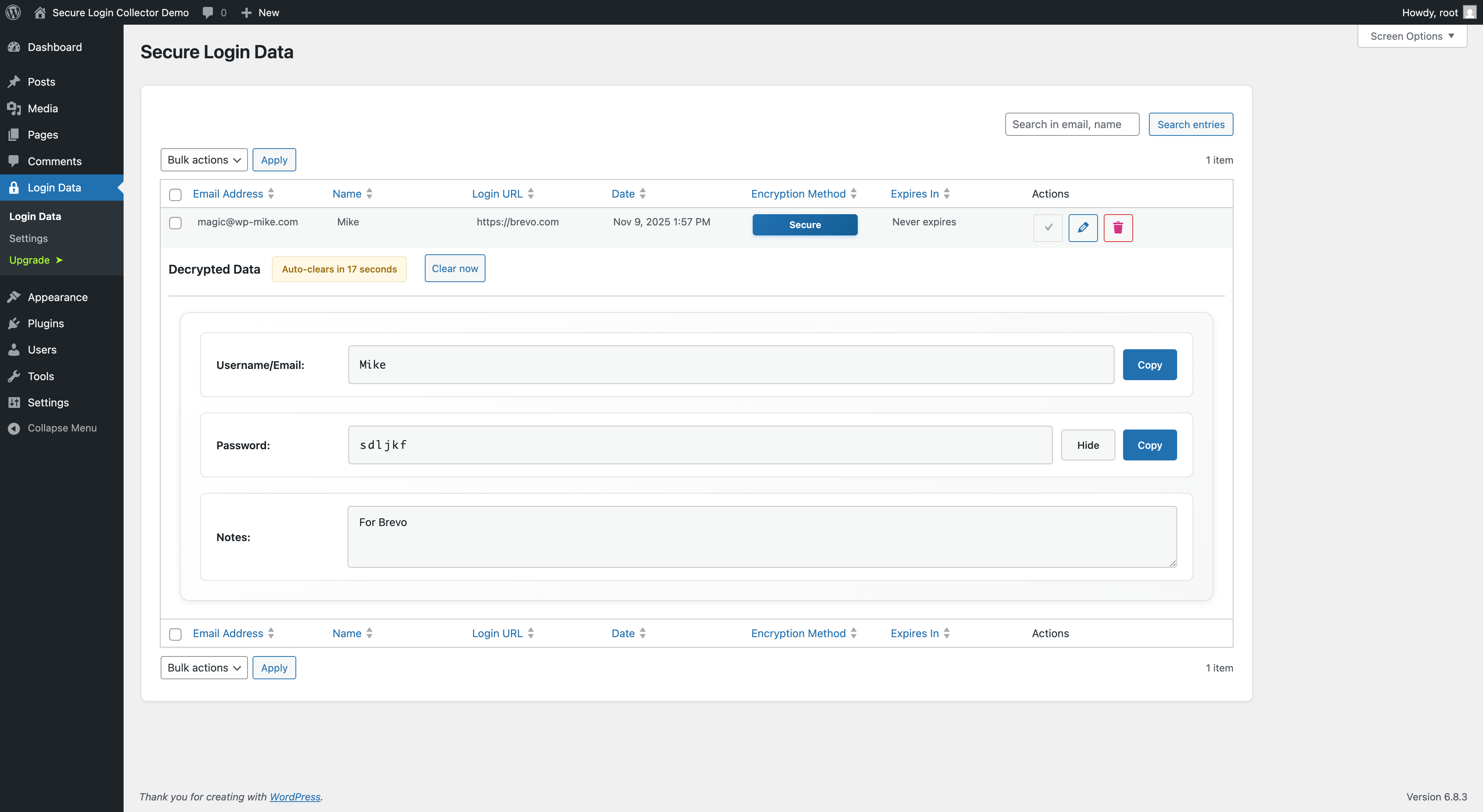 Decrypted login data displayed in your dashboard