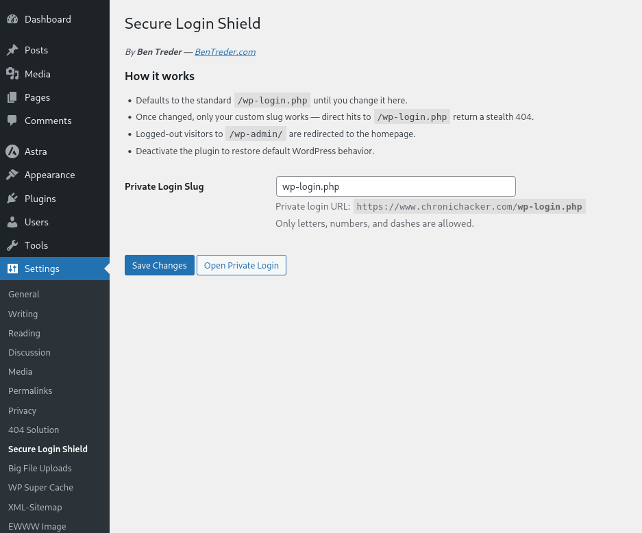 Settings page with a custom private slug (/dragon-lair)