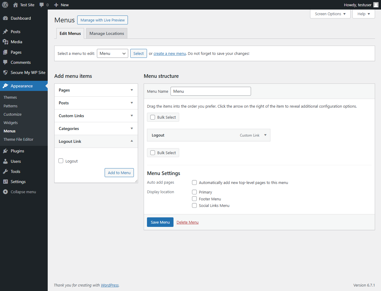 Logout Link Menu Settings