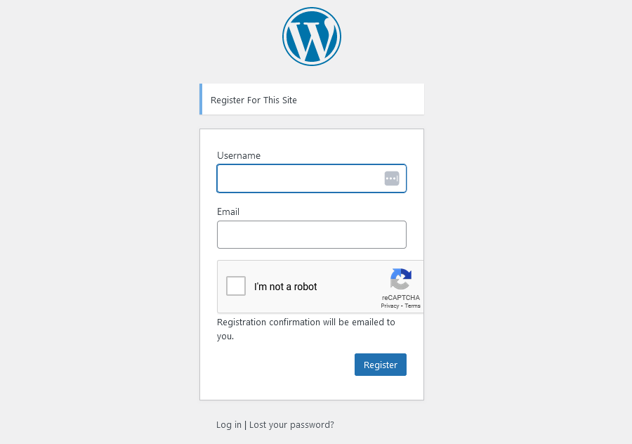 Example of a registration form with Google reCAPTCHA enabled.