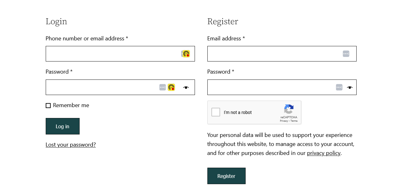 Example of a WooCommerce registration form with Google reCAPTCHA enabled.