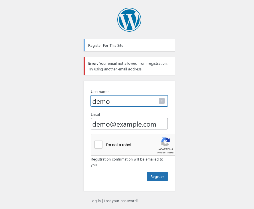 Custom error message display on a registration form.