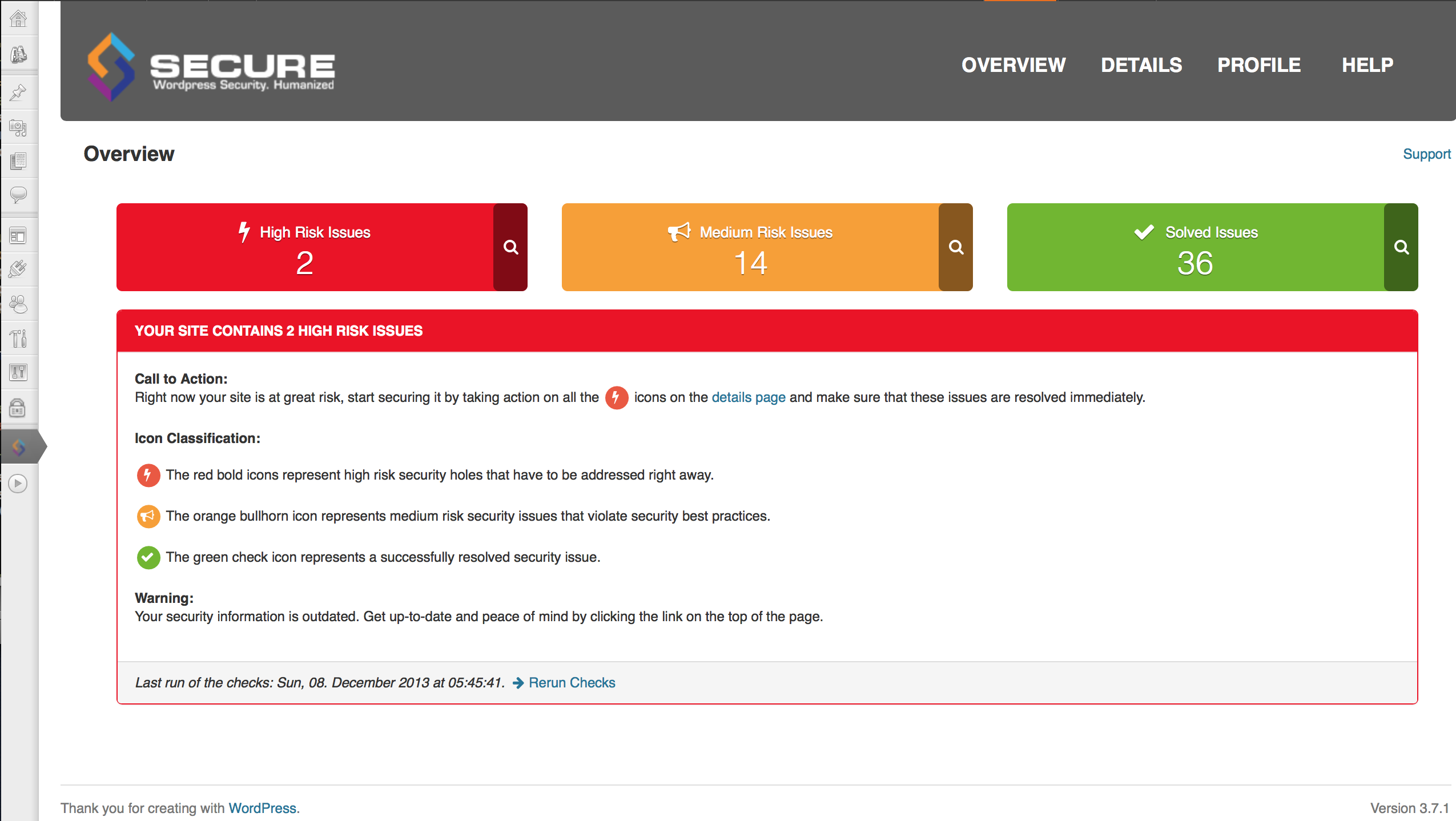 The start page of the plugin gives you an immediate overview of the security issues of your site.