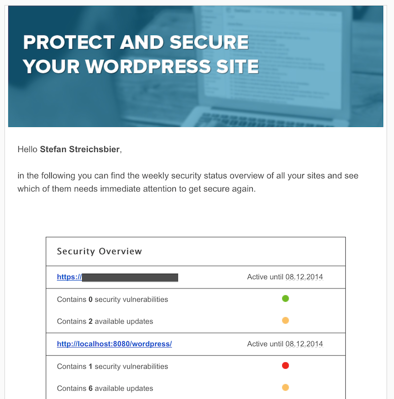 Subscribed users conveniently receive weekly status e-mails for all their active sites summarizing available updates and known vulnerabilities.