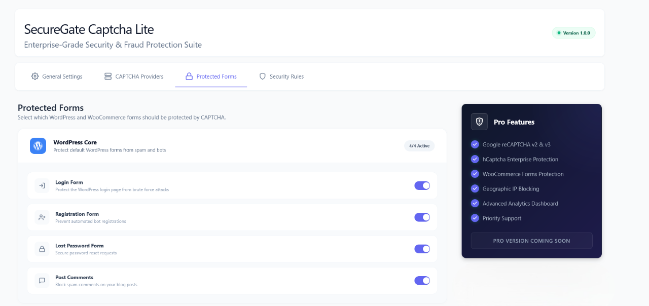 **Protected Forms** - Granular control over which forms to protect with visual toggles