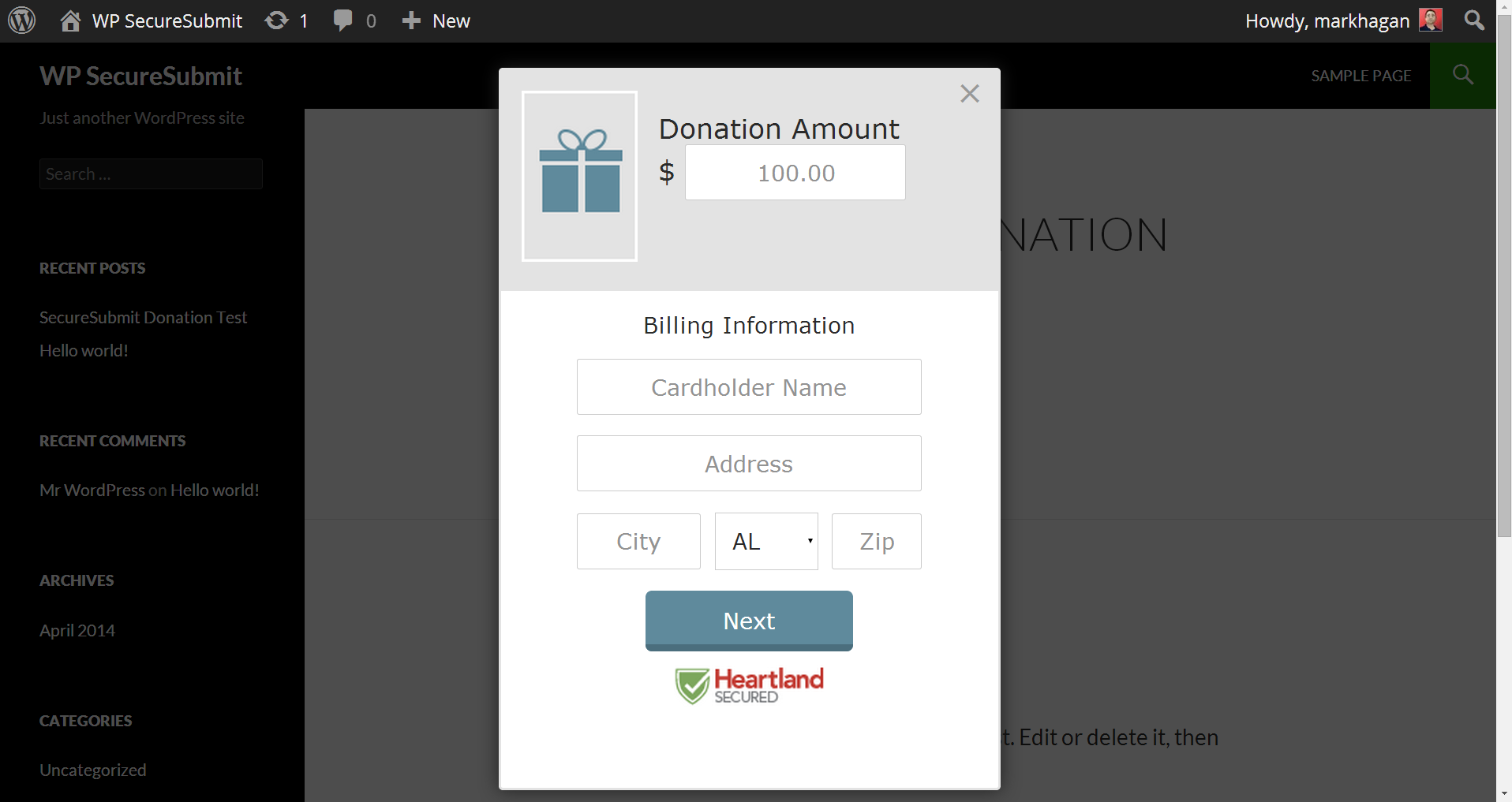 This screenshot shows a "Donate Now" (the default [securesubmit] tag) view.