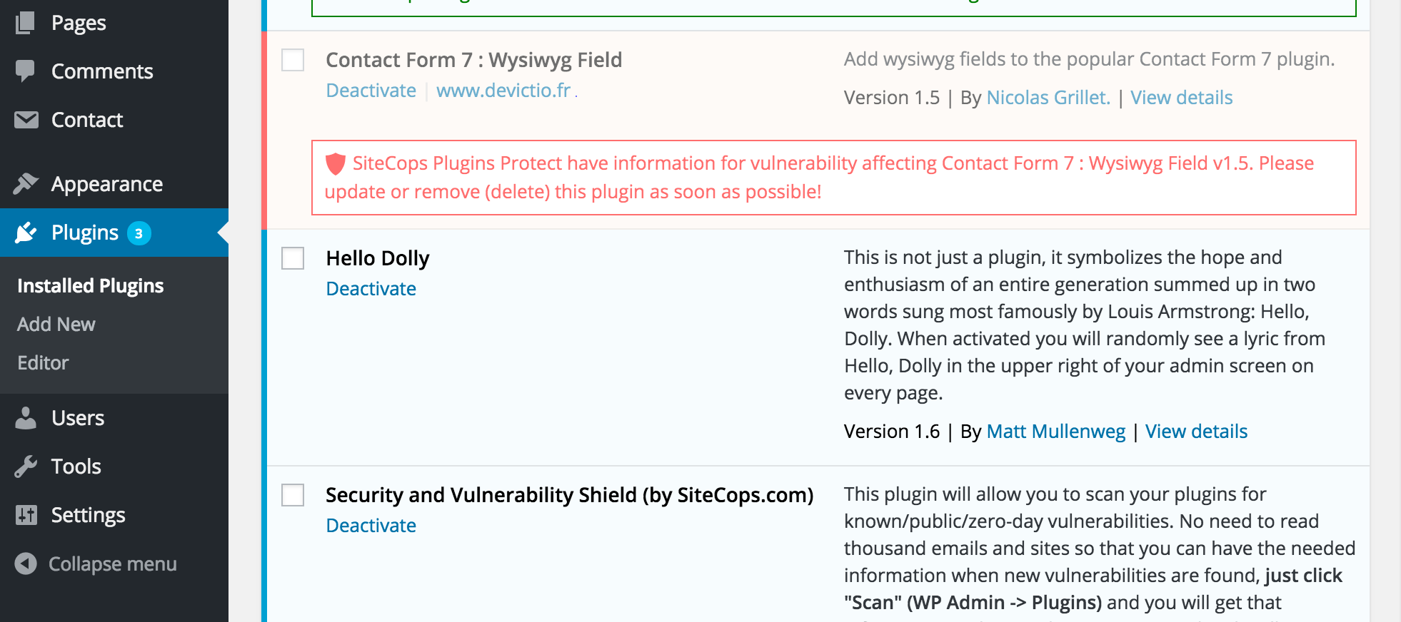 Example of a plugin for which we have information of a known vulnerability.