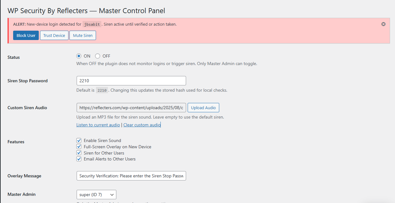 **Settings Page**: Configure plugin status, siren password, custom audio, and features.