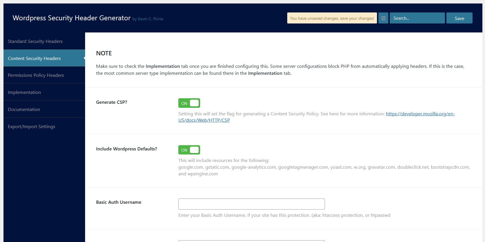 Content Security Policy Settings