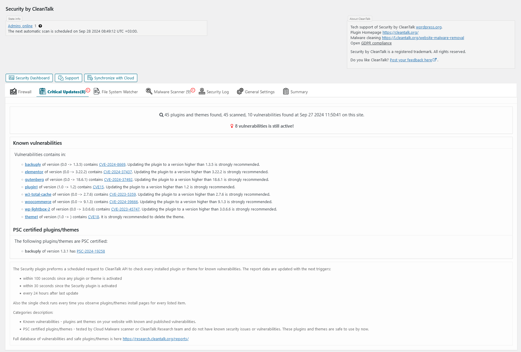 **Security report**. The report includes list of Brute force attacks or failed logins and list of successful logins. The plugin sends the reports daily.